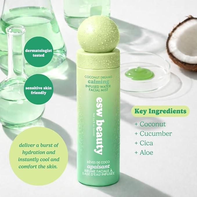 ESW Beauty Coconut Dreams Facial Mist - Hydrating Face Mist - Makeup Primer & Setting Spray - Unscented Face Toner for Sensitive Skin with Coconut Water, Cucumber & Aloe 3.4oz