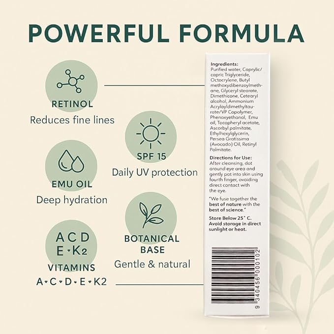 Y Not Natural Revitalising Eye Cream – Retinol, Emu Oil, Vitamins A C D E K2, SPF 15 – Anti-Aging Hydrating Eye Treatment for Wrinkles, Puffiness, Eye Bags, Dark Circles – 15g/0.53oz – Clean Skincare