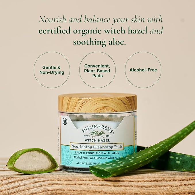 Humphreys Witch Hazel Nourishing Cleansing Pads | Wild Harvested Witch Hazel & Aloe | Hydrating, Natural Alcohol-Free Formula | 60 Rounds,(Pack of 2)