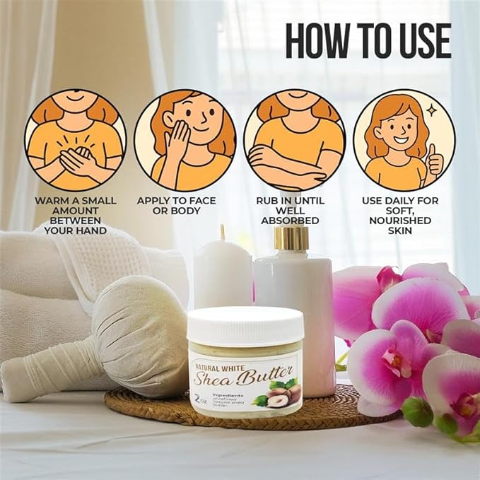 Raw African Shea Butter Travel Size – 2 oz Pure Unrefined Shea Butter for Skin, Hair & Face – Traditional – Plant-Based Body Cream for Dry, Rough Areas - White