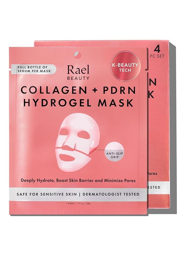 Rael Face Mask – Deep Hydration & Moisturizing Sheet Masks, Daily Skincare, Advanced PM Routine for Glowing Skin, Korean Skin Care (Collagen Salmon PDRN, 4 Count)