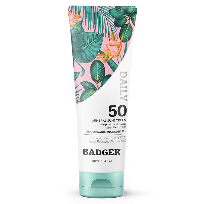 Badger SPF 50 Daily Mineral Sunscreen with Zinc Oxide, 85% Organic, Lightweight & Easy to Apply, No White Cast, Moisturizing, Reef Safe, Vegan, Unscented, 4 fl oz