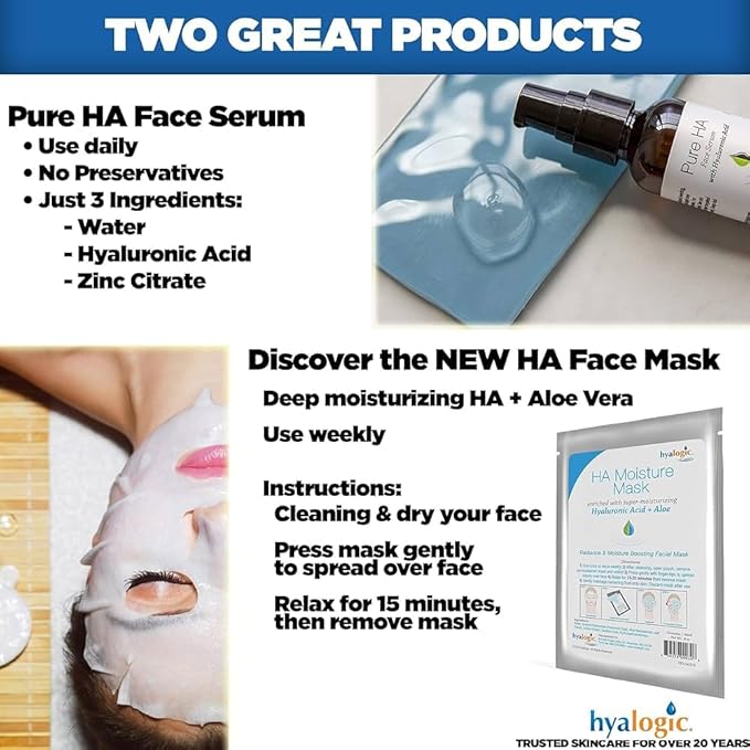 Hyalogic Pure HA Face Serum 1 oz with 1 Hyaluronic Acid Facial Mask - Sensitive Skin - Deep Hydrating, Moisturizing Topical, 1oz Pump - For Women & Men - Rejuvenate & Moisturize