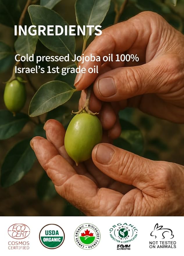 BEAUDIANI Organic Jojoba Oil 100ml (3.38 fl.oz) 100% Pure Natural Golden Oil, Cold Pressed Virgin, Vitamin E Oil, Moisturizer for Skin, Face, Body, Hair, Nail, Israel Origin