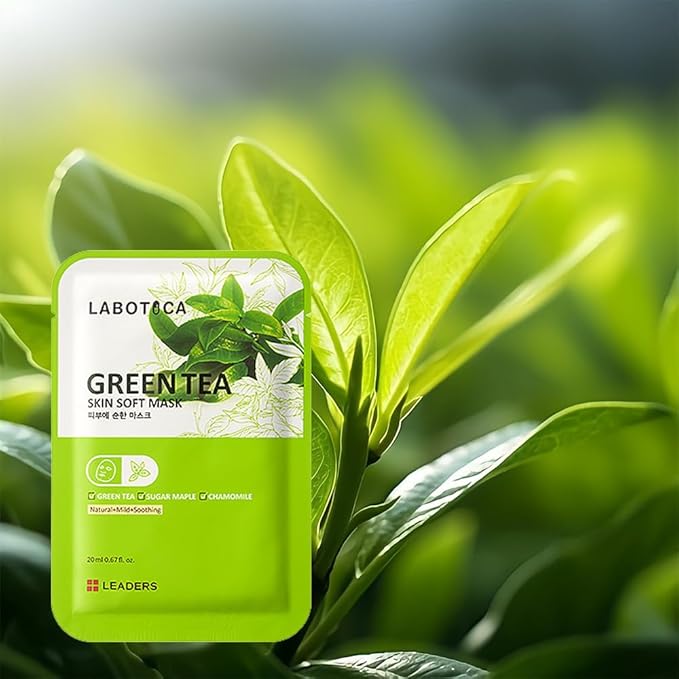 LABOTICA Green Tea Skin Soft Mask - Natural Fermented Facial Sheet for Acne Control, Sebum Regulation, and Redness Relief - Harmonizing Skincare for Oil/Moisture Balance (10 Sheets)