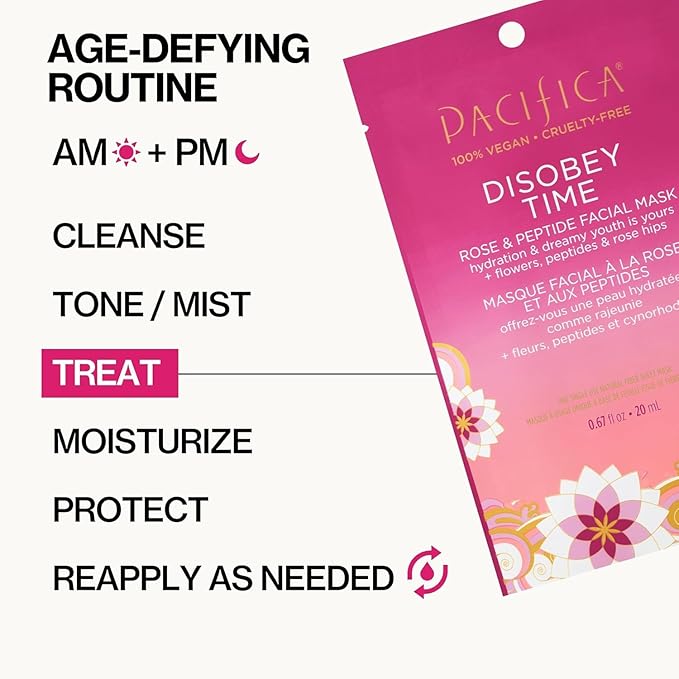 Pacifica Disobey Time Rose & Peptide Facial Sheet Mask 6-PACK Hydrating Anti-Aging Mask for Fine Lines & Dry Skin Infused w/Hyaluronic Acid & Chamomile Clean Vegan & Cruelty-Free Dermatologist Tested