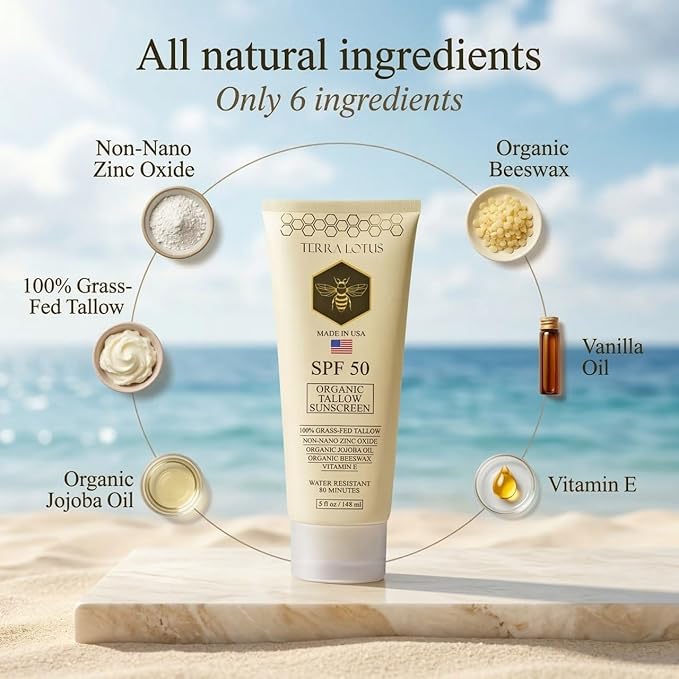Organic Tallow Mineral Sunscreen - 50 SPF - For Face and Body - With 100% Grass-Fed Tallow and Non-Nano Zinc Oxide Reef Safe - (5 Oz)