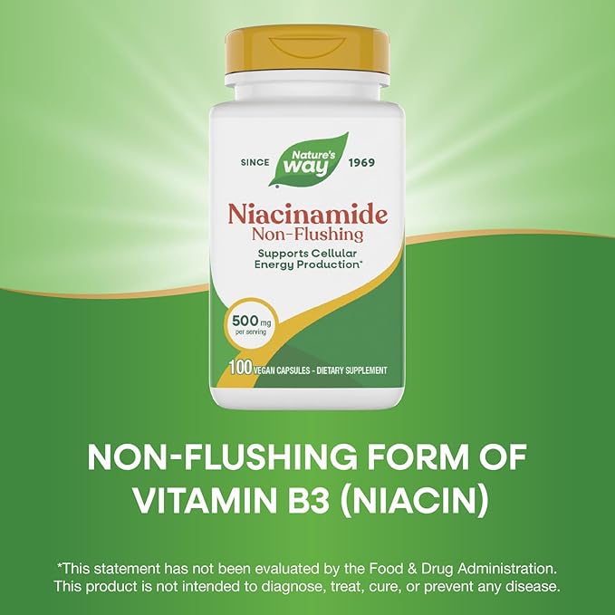 Nature's Way Niacinamide, Non-Flushing Vitamin B3, Supports Cellular Energy*, 500 mg per Serving, 100 Capsules (Packaging May Vary)