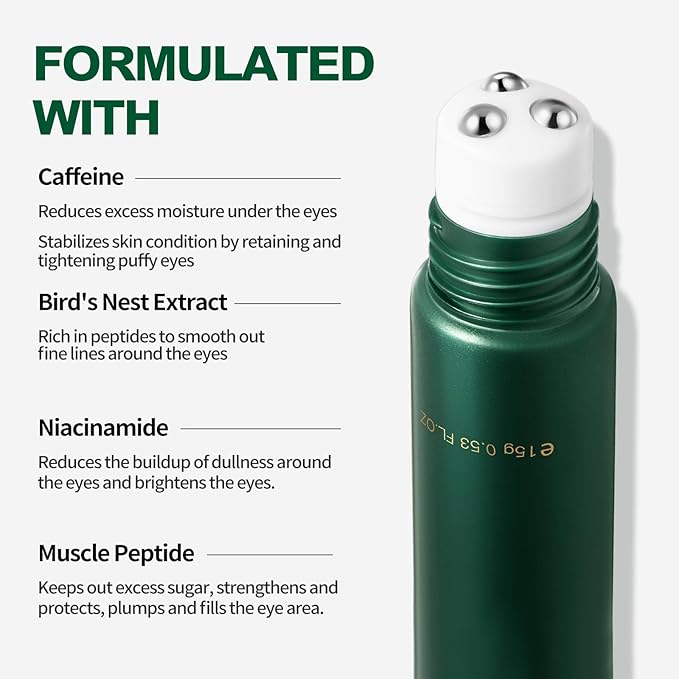 Caffeine Eye Cream with Nicimide Peptides for Dark Circles and Puffiness, Fine Lines, Wrinkles Eye Care Serum with 360° Massage Ball 15ML