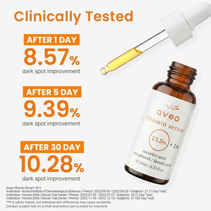 AVEA Vitamin Serum 16.5 – 13.5% Pure Vitamin C + Ascorbyl Glucoside, Vitamin E & Ferulic Acid – Radiance & Even-Tone Support – Lightweight, Non-Sticky Formula – 10ml / 0.33 fl oz