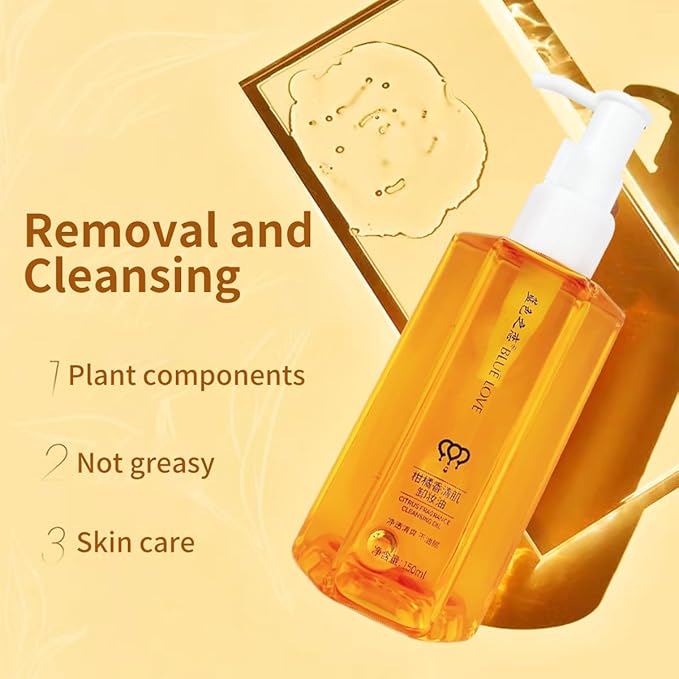 BLUE LOVE Citrus Makeup Remover Oil – Gentle & Effective Cleansing Oil for Waterproof Makeup, Eye & Face Cleanser, Hydrating & Nourishing with Vitamin E, No Residue, Suitable for All Skin Types