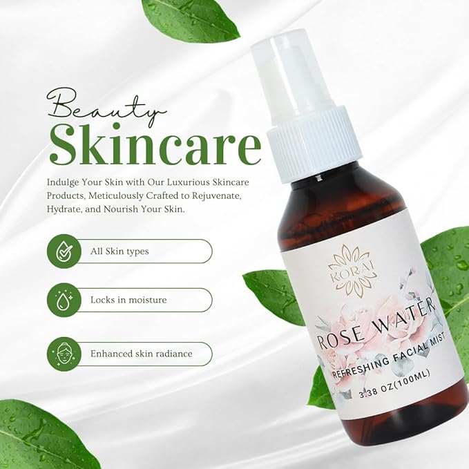 KORAI Facial Rose Water Spray 3.38oz (100 ml) 100% Natural Rose, All Skin Types for Face and Body, Made Without Dyes or Alcohol, Hypoallergenic, Vegan, Cruelty Free