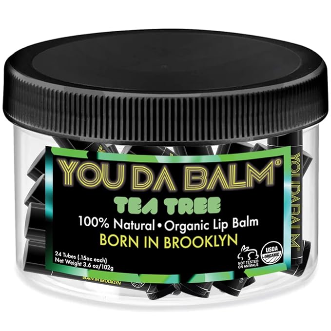 Organic Lip Balm, Tea Tree Flavor - 100% Natural Lip Moisturizer, USDA Certified - Lip Balm for Dry, Cracked Lips (24 Tube Jar)