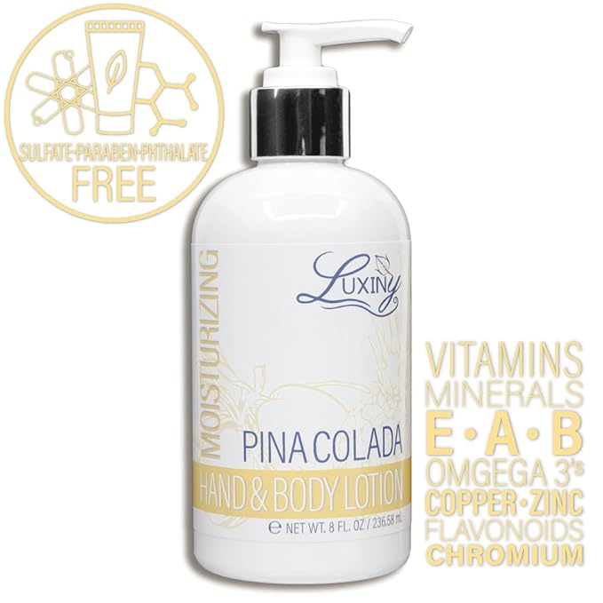 Luxiny Daily Vegan Hand & Body Lotion for Dry Skin,Made with Jojoba Oil & Vitamin E, USA Made, Non Greasy Phthalate/Sulfate/Paraben Free & Cruelty-Free Formula, 8 oz (8 oz, Pina Colada)