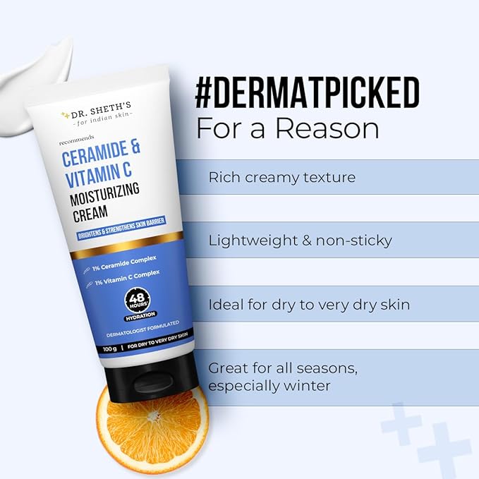 Dr. Sheth's Ceramide & Vitamin C Moisturizing Cream |For Dry to Very Dry Skin | 48hr Deep Hydration | Non Sticky | Biomimetic Ingredients | For Men & Women |100g