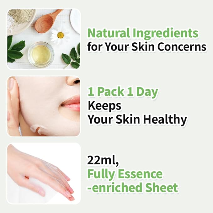EUNYUL Natural Mask Sheet [Pack of 10] - 10 Types of Korean Face Sheet Masks for Intense Hydrating, Soothing & Glowing Skin - K-Beauty Skin Care Set