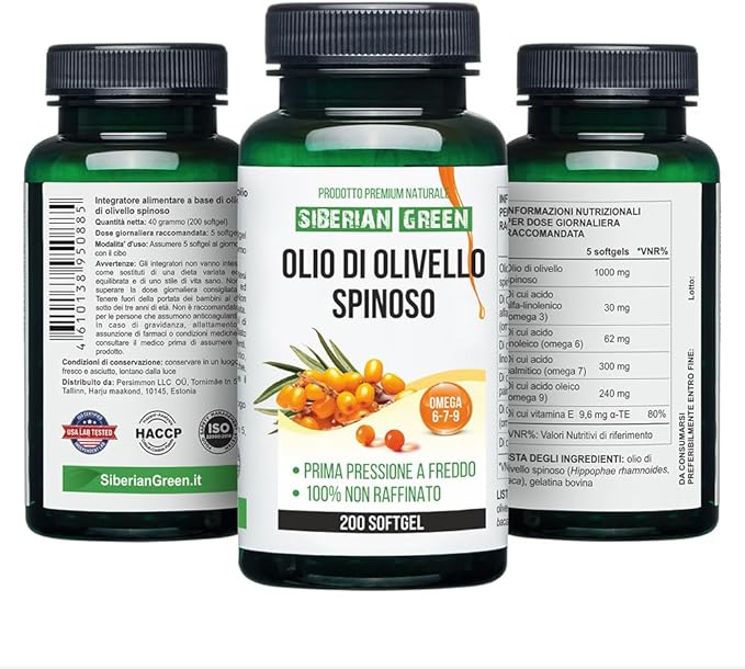 Siberian Sea Buckthorn Oil Capsules 200 Softgels | from Wild-harvested Siberian Sea Buckthorn Berries | Oil Cold Pressed Unrefined Gluten Free Non-GMO Premium Omega 7