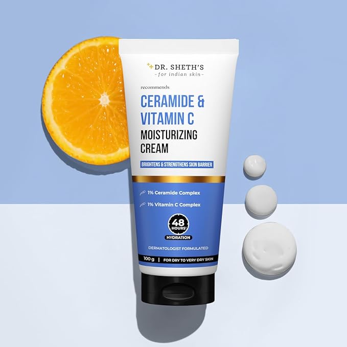 Dr. Sheth's Ceramide & Vitamin C Moisturizing Cream |For Dry to Very Dry Skin | 48hr Deep Hydration | Non Sticky | Biomimetic Ingredients | For Men & Women |100g