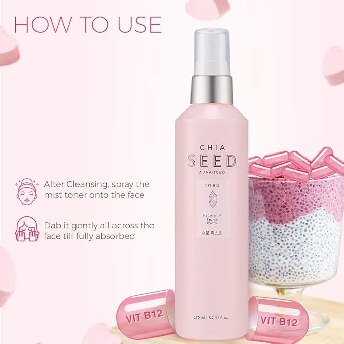 THE FACE SHOP Chia Seed Hydro Hydrating Mist | Mild Soothing Watery Mist with Instant Hydration & Soothes on Irritated Skin | Formulated for Intense, Upgraded & Hydrating Care, 5.5 Fl Oz