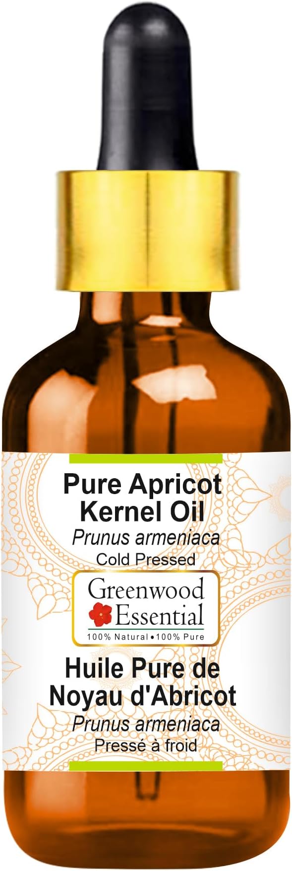 Greenwood Essential Pure Apricot Kernel Oil (Prunus armeniaca) with Glass Dropper Cold Pressed 30ml (1 oz)