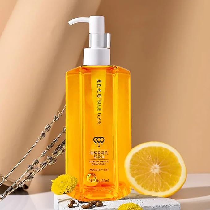 BLUE LOVE Citrus Makeup Remover Oil – Gentle & Effective Cleansing Oil for Waterproof Makeup, Eye & Face Cleanser, Hydrating & Nourishing with Vitamin E, No Residue, Suitable for All Skin Types