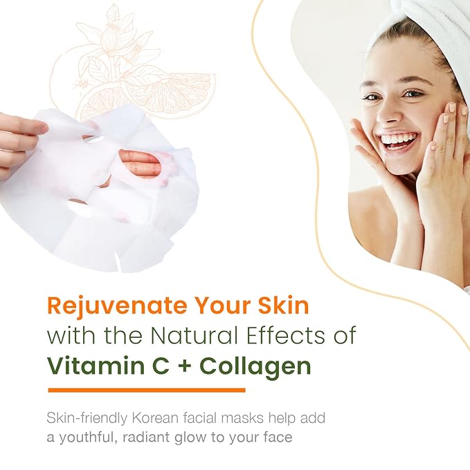 Natural Chemist Vitamin C & Collagen Sheet Face Mask - Brightening, Anti-Aging, Skin Nourishing, Moisturizing, Dermatologist Tested, Cruelty Free Korean Skin Care For All Skin Types - 20 Masks
