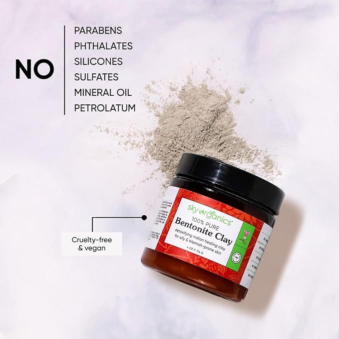 Sky Organics Indian Healing Clay with Detoxifying Bentonite Clay for Face, Helps Remove Impurities, Suitable for Oily or Blemish-Prone Skin, 100% Pure, Vegan & Cruelty-Free Skin Care, 4 Oz.