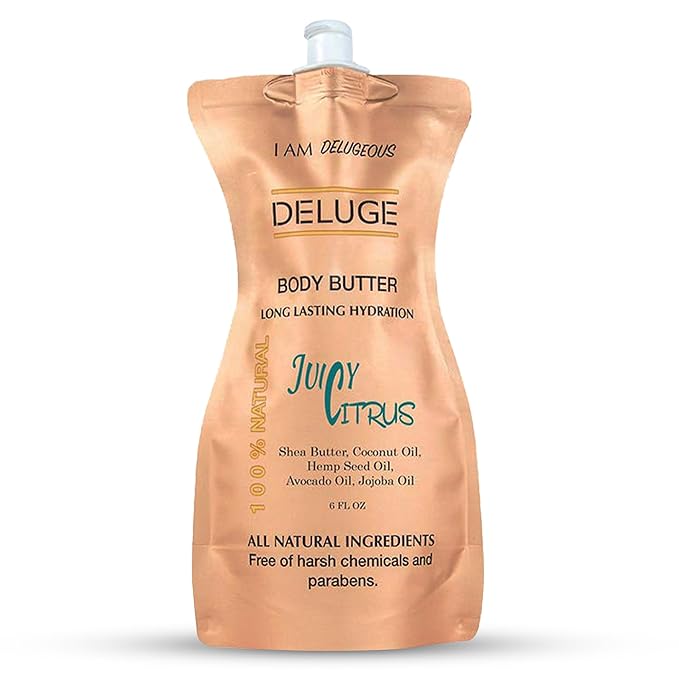 DELUGE juicy citrus Body Butter for Women & Men – 100% Organic Body Butter for Dry Skin - USA Made Natural Body Butter with Long Lasting Hydration & Non-Greasy Finish (6 FL OZ)