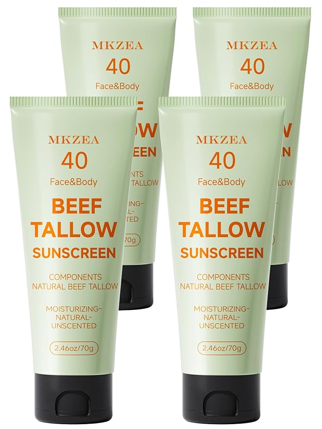 Tallow Sunscreen, Sunscreen for Face, Beef Tallow for Skin, Reef Safe Travel Sunblock Grass-Fed Natural for All Skin Type Deep Hydration Moisturizing Non Greasy Anti White Cast, 4 Packs