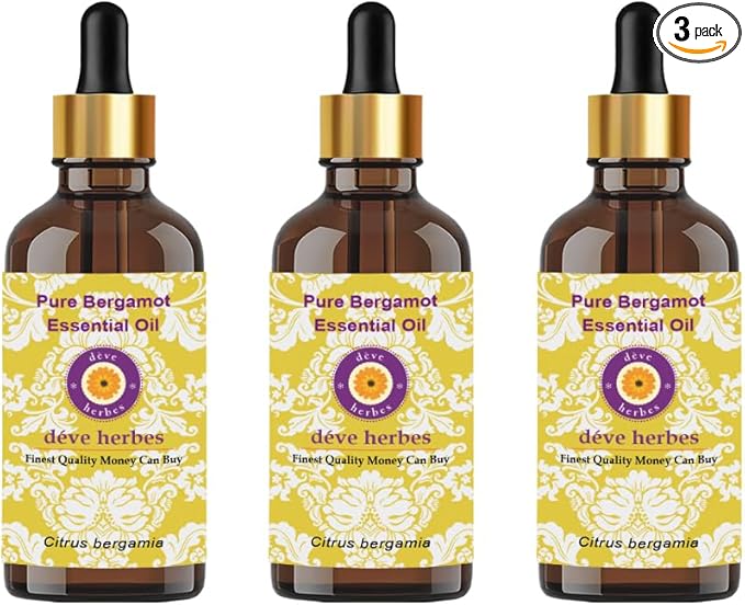 Deve Herbes Pure Bergamot Essential Oil (Citrus bergamia) with Glass Dropper Natural Therapeutic Grade Steam Distilled (Pack of Three) 100ml X 3 (10 oz)