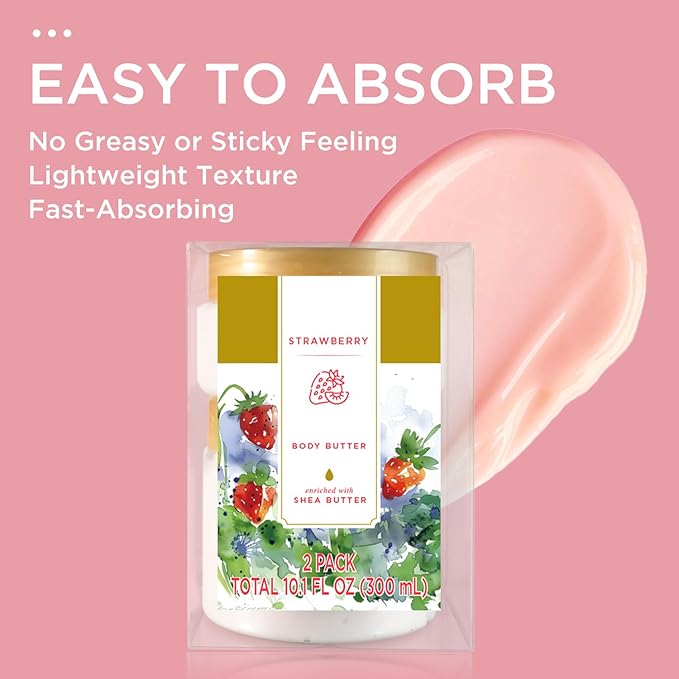 Princess Belle Strawberry Body Butter, Shea Body Butter and Body Moisturizer for Dry Skin, Smell Good, Strawberry Gifts for Women-2 Pack (3.4floz + 6.8 floz)