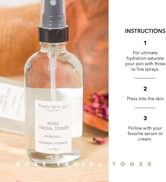 Pretty farm girl Pure Rose Facial Toner - Nourish & Hydrate - Hydrosol - for Dry, Oily, or Combination Skin - Rose Scent - All Skin Types - Teen & Adult - 2 oz
