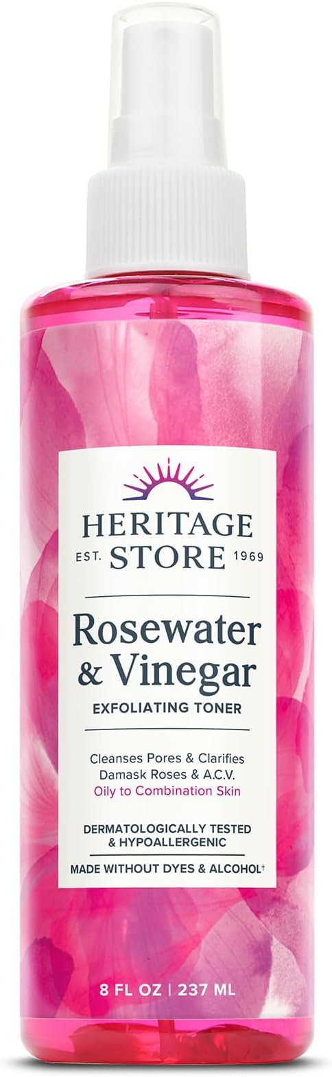 HERITAGE STORE Rosewater & Vinegar - Exfoliating Toner with Apple Cider Vinegar - Oily to Combination Skin - Refreshing Facial Mist Cleans, Refines Pores and Clarifies Skin Hypoallergenic, Vegan, 8oz