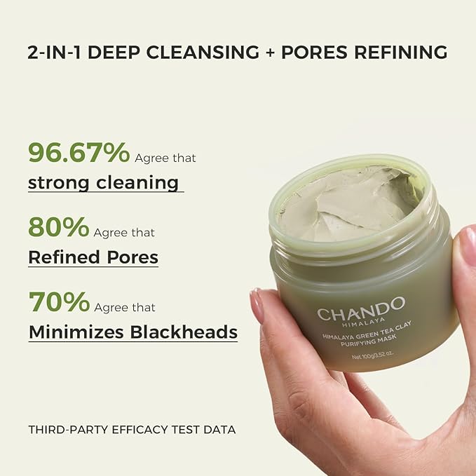CHANDO HIMALAYA Purifying Green Tea Mask, Natural Facial Clay Mask Deep Pore Cleansing with Green Tea Extract and Portulaca Extract, for Clogged Pores, Detoxifies & Balance Oil, 3.52 fl.oz