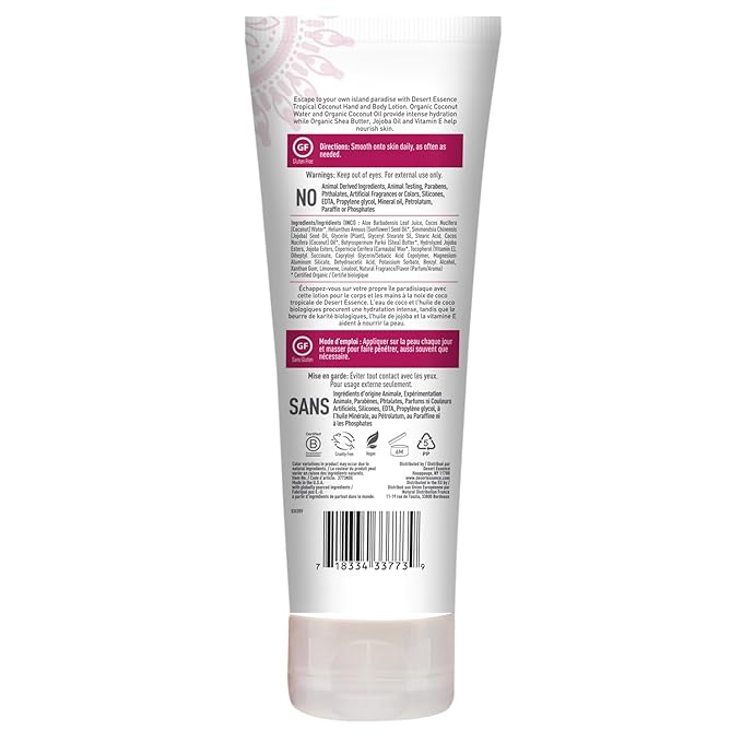 Desert Essence, Tropical Coconut Hand & Body Lotion 8 fl. oz. - Gluten Free - Vegan - Cruelty Free - Coconut Oil, Jojoba Oil & Vitamin E - Intense Hydration