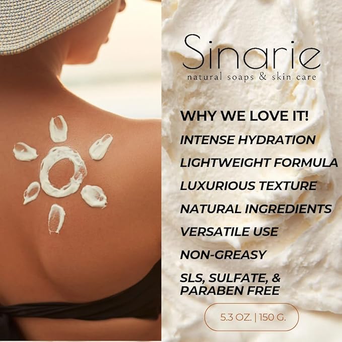 Sinarie Coconut-Free Body Butter | Luxurious Hydration with Shorea Butter, Evening Primrose Oil, Argan & Moringa Oil | Non-Greasy, Natural Ingredients | For Sensitive Skin (5.3 oz., Velvet Crème)