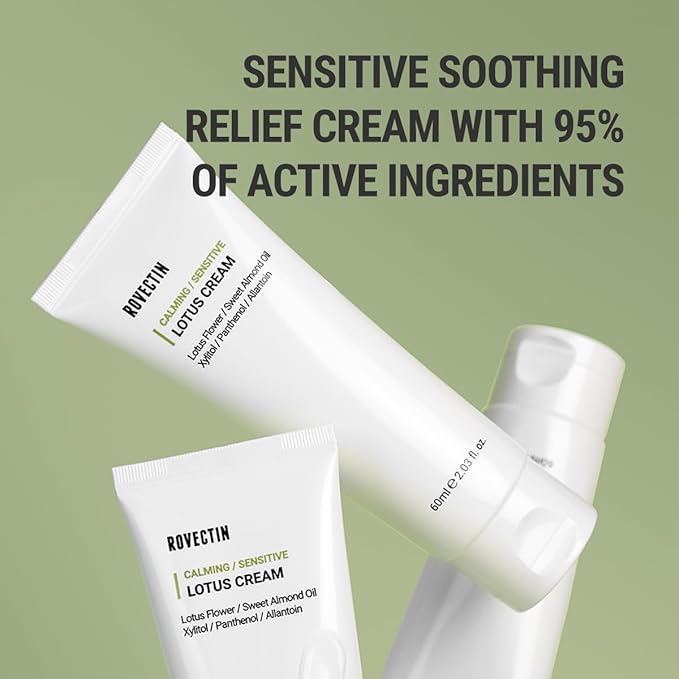 ROVECTIN Calming Lotus Cream – Lightweight Hydrating & Soothing Moisturizer Face Cream for Sensitive Skin | 75% Lotus Water Extract & Niacinamide for Anti-Aging | Vegan Korean Skincare (2.03 fl oz)