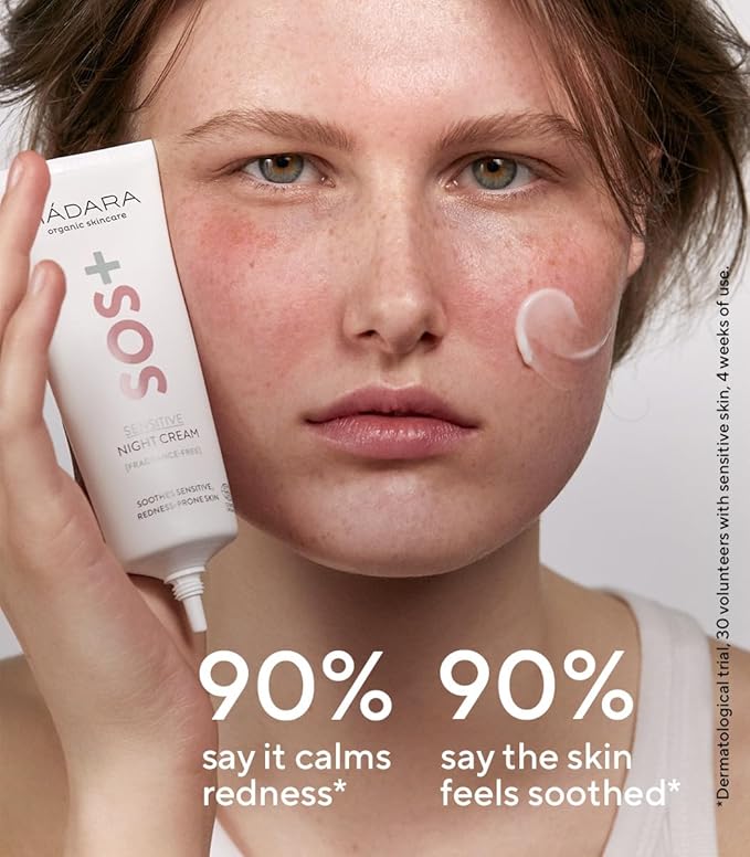 Madara Organic Skincare | SOS+ SENSITIVE Night Cream, – Calming moisture for sensitive, reactive and redness-prone complexions, Dermatologically proven to soothe redness, Fragrance and colourant-free