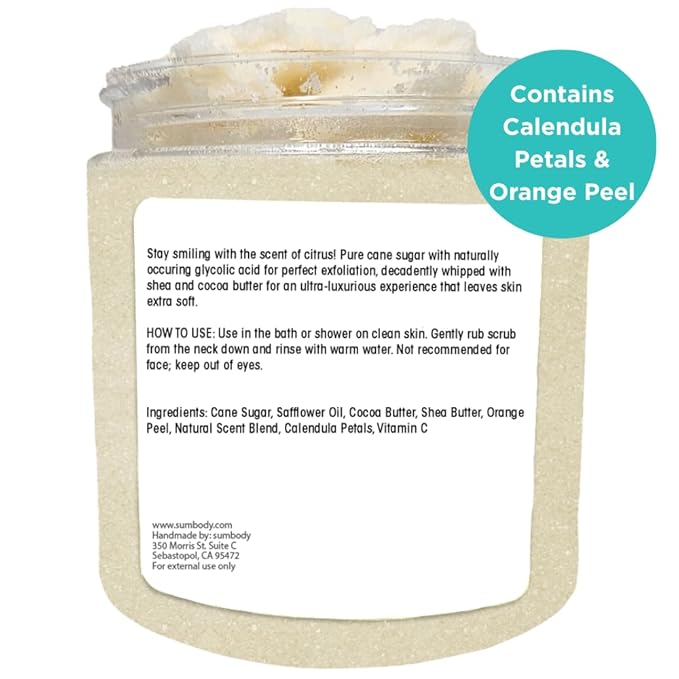 Sumbody USA Citrus Shea Sugar Body Scrub Vitamin C (9oz) Moisturizing Exfoliating Body Foot Hand Scrub Hydrating Nourishing Bath Essential Scrubs Women Teens Gift Self Care Vegan