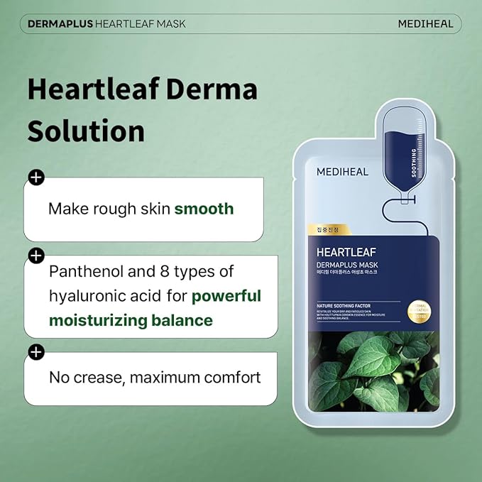 Mediheal Dermaplus Heartleaf Mask (10 Counts) - Daily Vegan Mask for Soothing Skin with Panthenol & Hyaluron, Korean Self Skin Care Sheet Mask