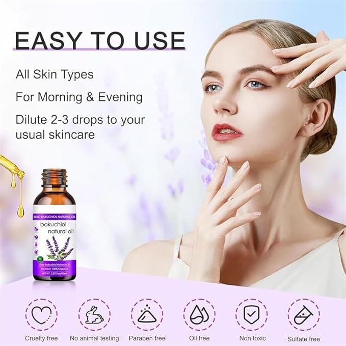Natural Bakuchiol Oil, Premium 100% Organic Anti-Aging Facial Oil, 2.02 fl oz, for Sensitive, Aging, Acne-Prone Skin, Reduces Fine Lines, Improves Texture