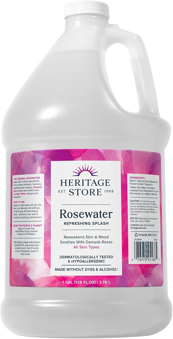 HERITAGE STORE Rosewater - Refreshing Splash for Glowing Skin with Damask Rose - All Skin Types - Hydrating Rose Water for Face - Made Without Alcohol, Hypoallergenic, Vegan, 60-Day Guarantee, 1 Gal.