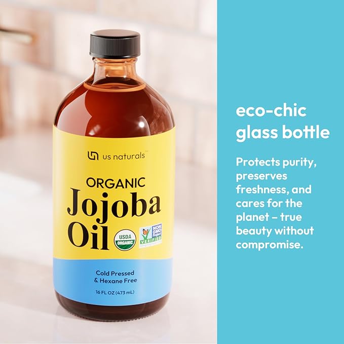 Us Naturals 16oz Organic Jojoba Oil – Glass Bottle – USDA Certified Organic & Non-GMO – 100% Pure, Cold-pressed, Unrefined, Hexane-free – Premium Glow-Boosting Oil