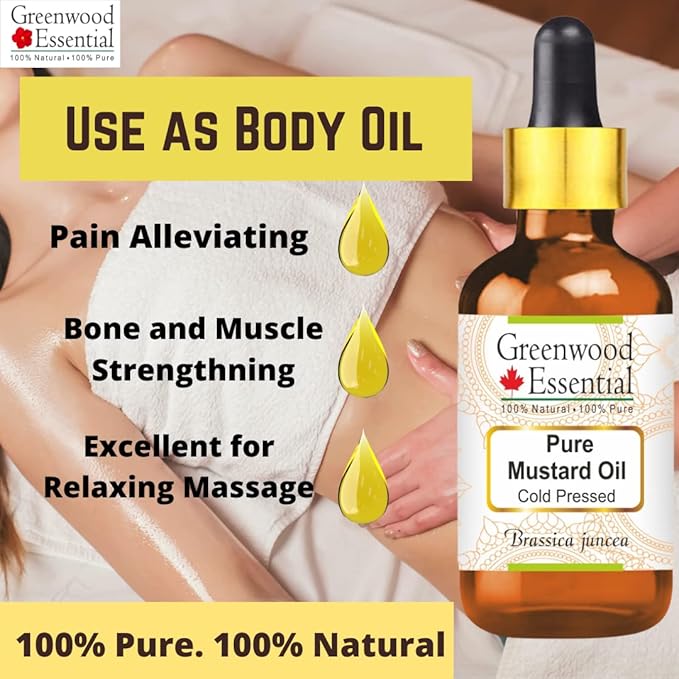 Greenwood Essential Mustard Oil (Brassica juncea) with Glass Dropper | Cold Pressed | Natural | Undiluted | for Diluting Essential Oils | for Skin & Massage | Men & Women | 50ml (1.69 oz)