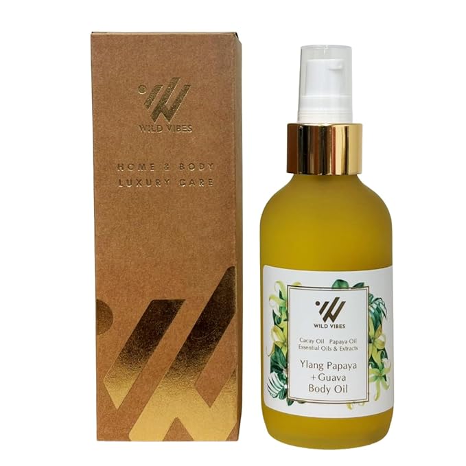 Wild Vibes Ylang Papaya + Guava Body & Massage Oil - Hydrating Jojoba, Papaya Seed Oil, Vitamin E, Lupine Seed Extract for Collagen production – Nourishing Oil for all skin types 4oz