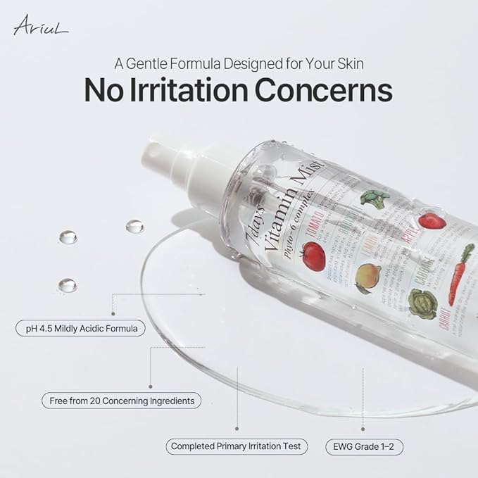 Ariul 7 Days Vitamin Mist 5.07 fl. oz. All Natural Green Graded Nutrients Facial Toner Moisturizing Spray - Biotin, Niacinamide, Riboflavin, Ascorbic Acid, Butylene Glycol, Cyanocobalamin