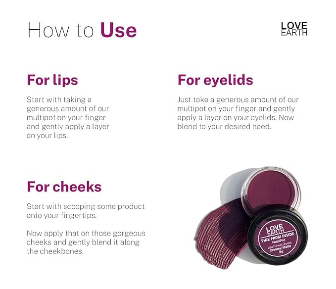 Love Earth Lip Tint & Cheek Tint Multipot - Pink From Inside With Richness Of Essential Oils & Vitamin E For Lips, Eyelids And Cheeks, Creamy Matte - Purple