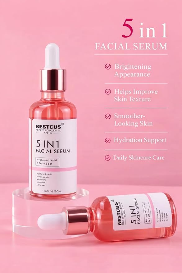 BESTCUS Professional 5-in-1 Facial Serum with Hyaluronic Acid, Vitamin C 30%, Niacinamide, Collagen, Anti-Wrinkle Dark Spot Treatment, 1.76 Fl Oz