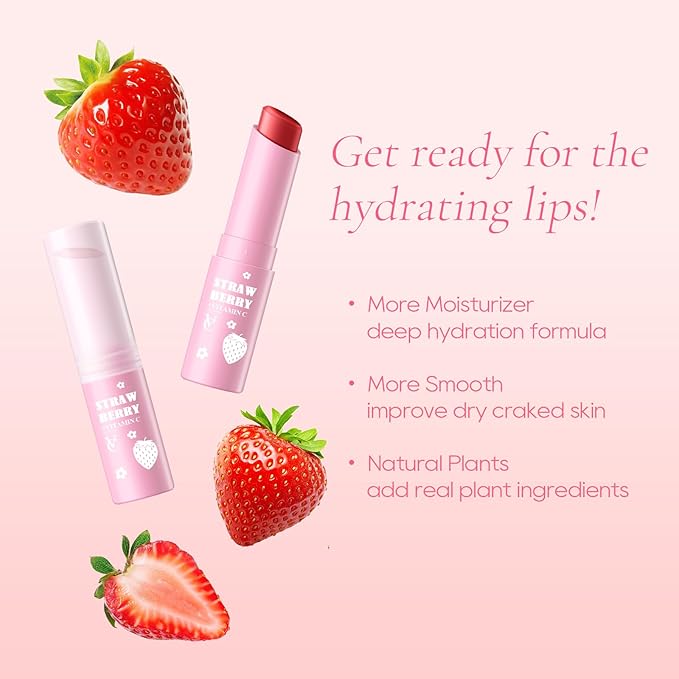 KYDA 3 Pcs Strawberry Lip Balm, Deep Hydrating Tinted Lip Balm, Reduce Fine Lines, Daily Lip Moisturizer for Dry Cracked Lips, with Real Strawberry Extract
