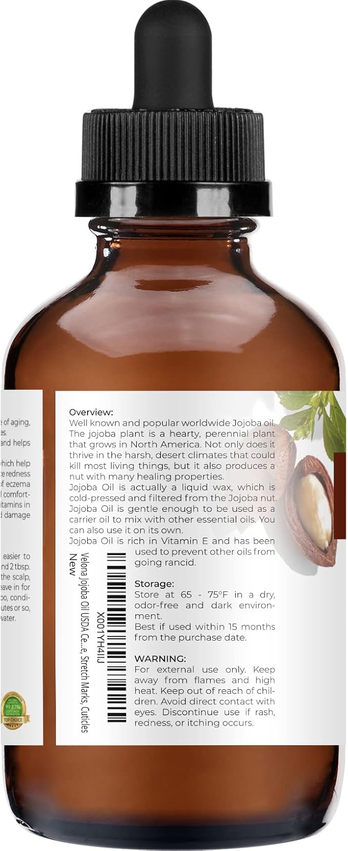 velona Jojoba Oil USDA Certified Organic - 4 fl oz (With Dropper) | Golden, Unrefined, Cold Pressed | Hexane Free